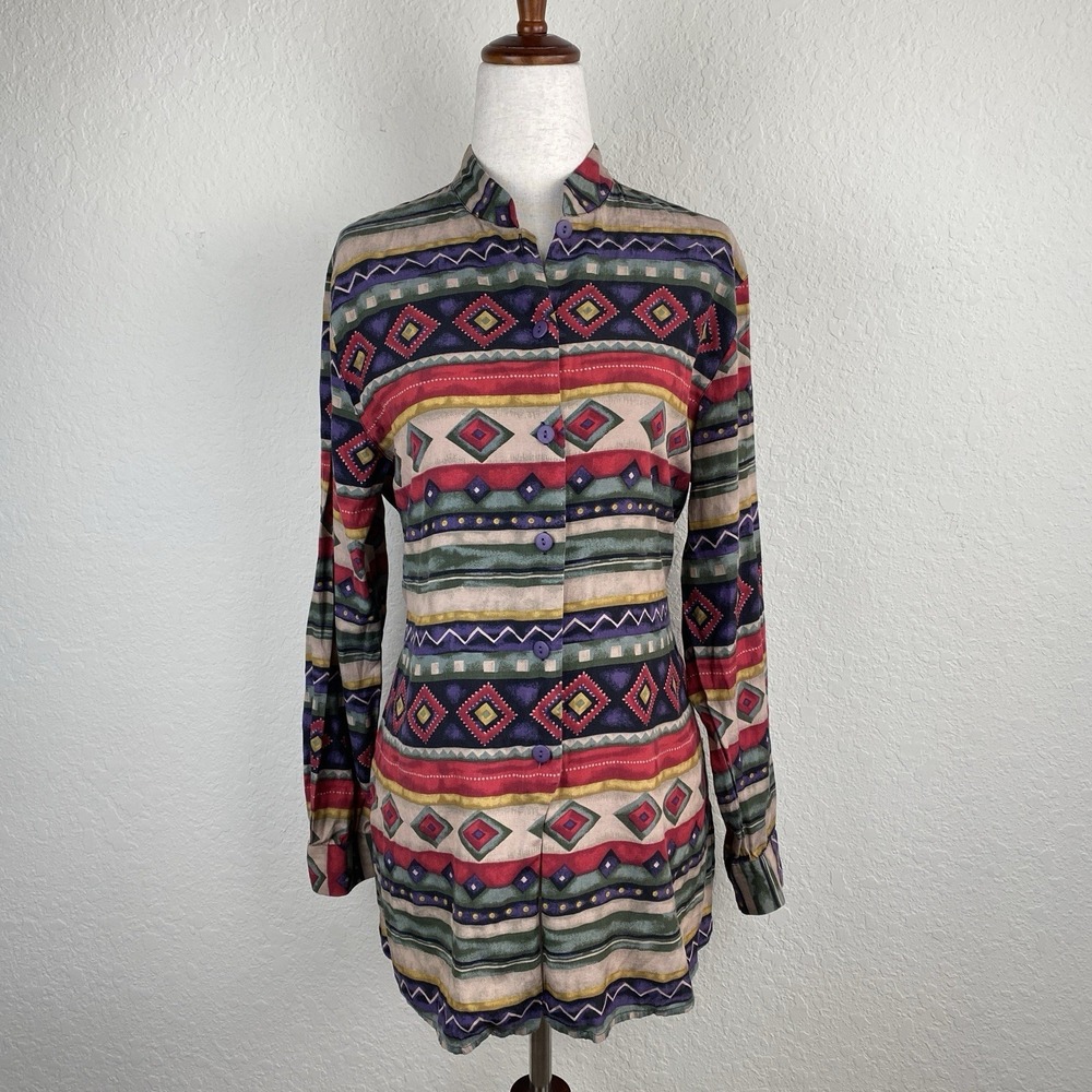 Vtg Anna & Frank S 100% Silk Shirt Aztec Western Tribal Print Cowgirl Button 90s